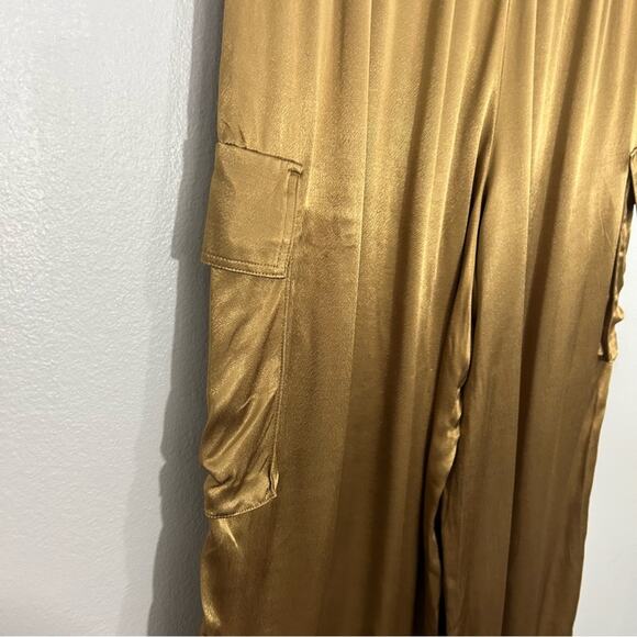Rachel Zoe Relaxed Satin Drawstring Cargo Joggers Metallic Gold Bronze Large - Picture 8 of 10